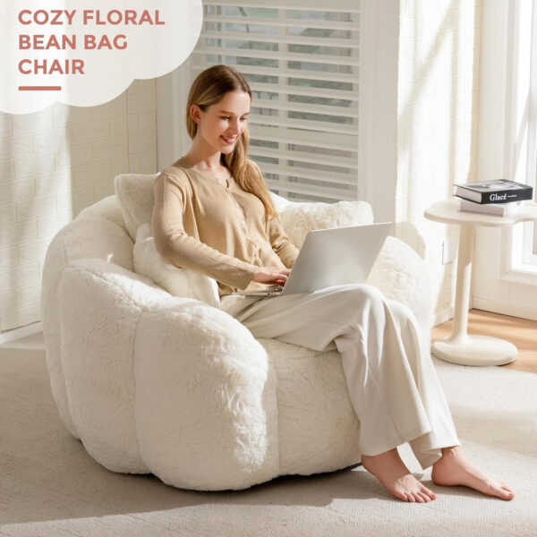 MAXYOYO Bean Bag Chair for Adults, Floral Shaped Bean Bag Sofa, Ultra Soft Faux Fur Floor Sofa, Large Reading Chair for Living Room Bedroom, Beige, Single