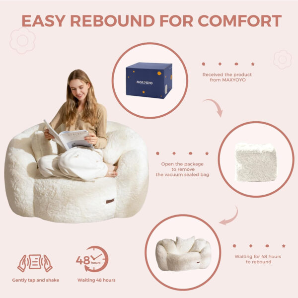MAXYOYO Bean Bag Chair for Adults, Floral Shaped Bean Bag Sofa, Ultra Soft Faux Fur Floor Sofa, Large Reading Chair for Living Room Bedroom, Beige, Single