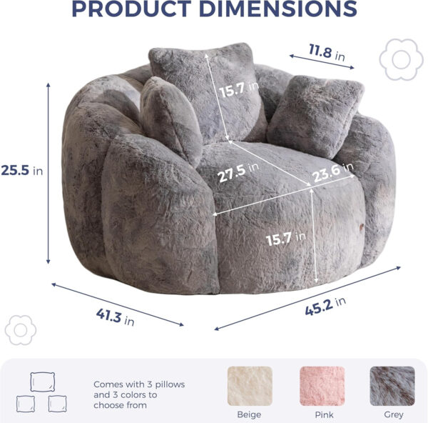 MAXYOYO Bean Bag Chair for Adults, Floral Shaped Bean Bag Sofa, Ultra Soft Faux Fur Floor Sofa, Large Reading Chair for Living Room Bedroom, Beige, Single