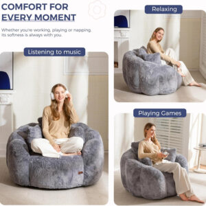 MAXYOYO Bean Bag Chair for Adults, Floral Shaped Bean Bag Sofa, Ultra Soft Faux Fur Floor Sofa, Large Reading Chair for Living Room Bedroom, Beige, Single
