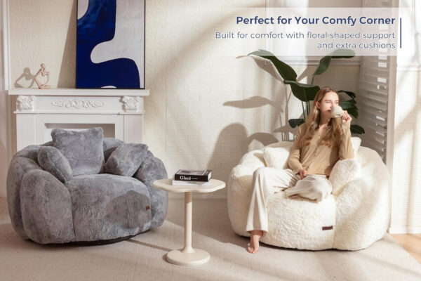 MAXYOYO Bean Bag Chair for Adults, Floral Shaped Bean Bag Sofa, Ultra Soft Faux Fur Floor Sofa, Large Reading Chair for Living Room Bedroom, Beige, Single
