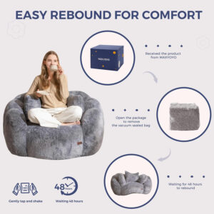 MAXYOYO Bean Bag Chair for Adults, Floral Shaped Bean Bag Sofa, Ultra Soft Faux Fur Floor Sofa, Large Reading Chair for Living Room Bedroom, Beige, Single
