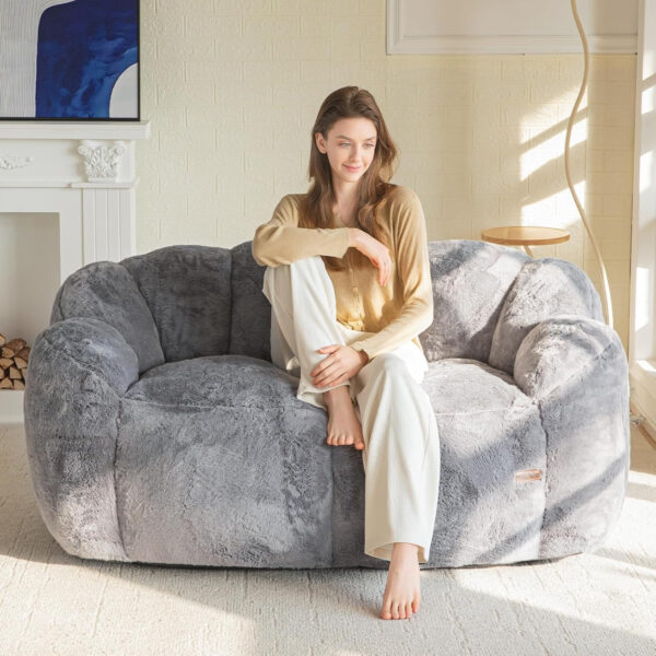 MAXYOYO Bean Bag Chair for Adults, Floral Shaped Bean Bag Sofa, Ultra Soft Faux Fur Floor Sofa, Large Reading Chair for Living Room Bedroom, Beige, Single