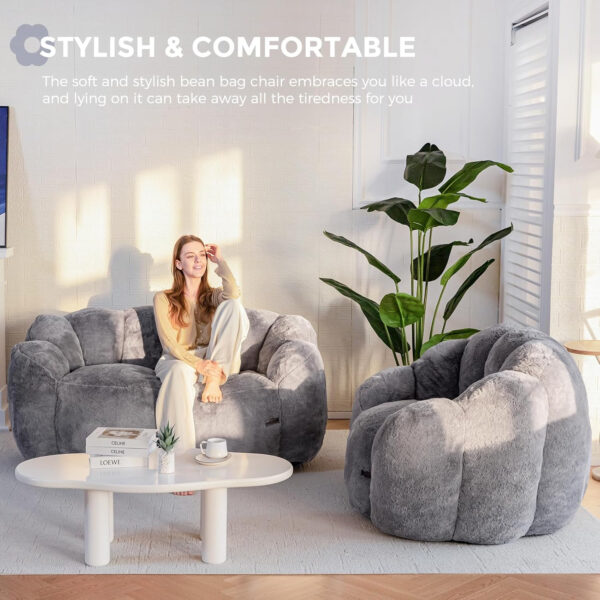 MAXYOYO Bean Bag Chair for Adults, Floral Shaped Bean Bag Sofa, Ultra Soft Faux Fur Floor Sofa, Large Reading Chair for Living Room Bedroom, Beige, Single