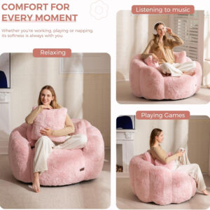 MAXYOYO Bean Bag Chair for Adults, Floral Shaped Bean Bag Sofa, Ultra Soft Faux Fur Floor Sofa, Large Reading Chair for Living Room Bedroom, Beige, Single
