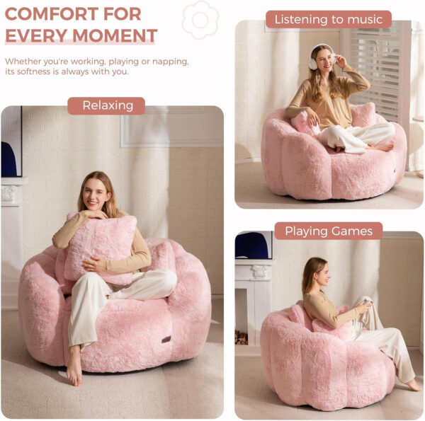 MAXYOYO Bean Bag Chair for Adults, Floral Shaped Bean Bag Sofa, Ultra Soft Faux Fur Floor Sofa, Large Reading Chair for Living Room Bedroom, Beige, Single