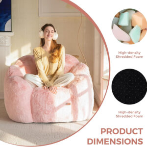 MAXYOYO Bean Bag Chair for Adults, Floral Shaped Bean Bag Sofa, Ultra Soft Faux Fur Floor Sofa, Large Reading Chair for Living Room Bedroom, Beige, Single