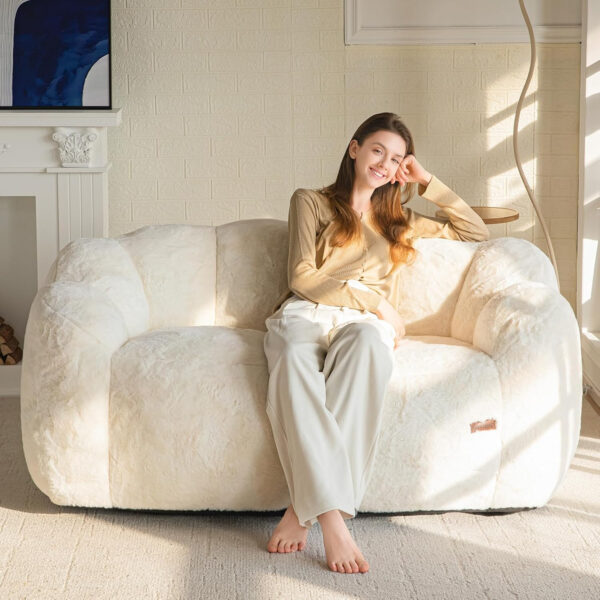MAXYOYO Bean Bag Chair for Adults, Floral Shaped Bean Bag Sofa, Ultra Soft Faux Fur Floor Sofa, Large Reading Chair for Living Room Bedroom, Beige, Single