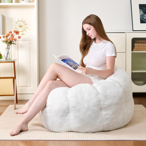 Bean Bag Chairs for Adults, Faux Fur Reading Chair with Petal Arm Rest Fluffy Comfy Chair for Bedroom, Living Room, Dorm, Game - White, Large, Low Support