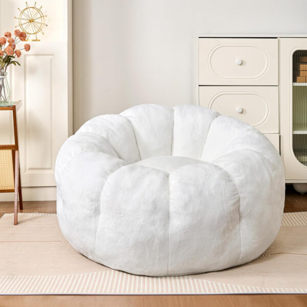 Bean Bag Chairs for Adults, Faux Fur Reading Chair with Petal Arm Rest Fluffy Comfy Chair for Bedroom, Living Room, Dorm, Game - White, Large, Low Support