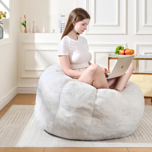 Bean Bag Chairs for Adults, Faux Fur Reading Chair with Petal Arm Rest Fluffy Comfy Chair for Bedroom, Living Room, Dorm, Game - White, Large, Low Support