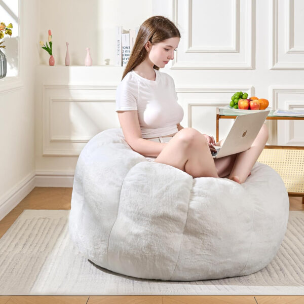Bean Bag Chairs for Adults, Faux Fur Reading Chair with Petal Arm Rest Fluffy Comfy Chair for Bedroom, Living Room, Dorm, Game - White, Large, Low Support