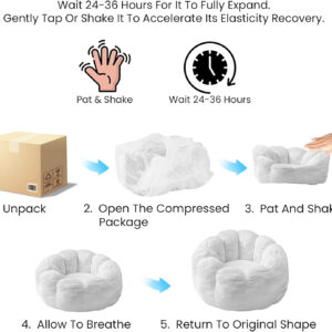 Bean Bag Chairs for Adults, Faux Fur Reading Chair with Petal Arm Rest Fluffy Comfy Chair for Bedroom, Living Room, Dorm, Game - White, Large, Low Support