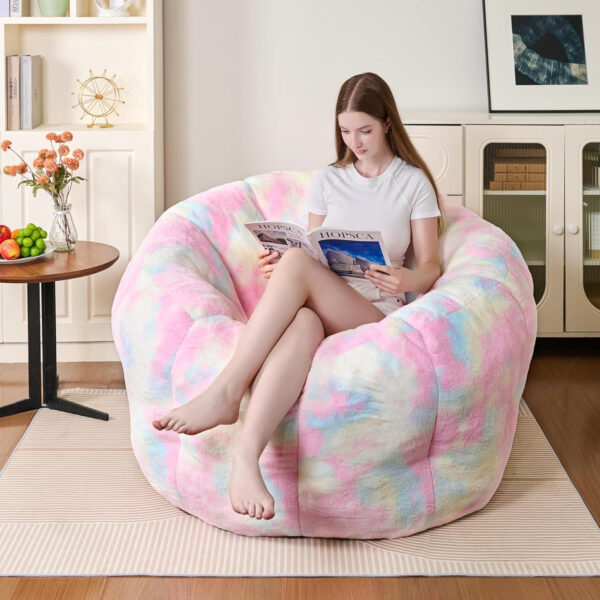 Bean Bag Chairs for Adults, Faux Fur Reading Chair with Petal Arm Rest Fluffy Comfy Chair for Bedroom, Living Room, Dorm, Game - White, Large, Low Support