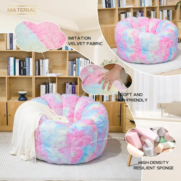 Bean Bag Chairs for Adults, Faux Fur Reading Chair with Petal Arm Rest Fluffy Comfy Chair for Bedroom, Living Room, Dorm, Game - White, Large, Low Support