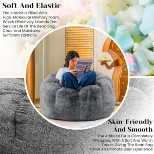 Bean Bag Chairs for Adults, Faux Fur Reading Chair with Petal Arm Rest Fluffy Comfy Chair for Bedroom, Living Room, Dorm, Game - White, Large, Low Support