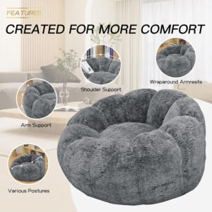 Bean Bag Chairs for Adults, Faux Fur Reading Chair with Petal Arm Rest Fluffy Comfy Chair for Bedroom, Living Room, Dorm, Game - White, Large, Low Support