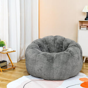 Bean Bag Chairs for Adults, Faux Fur Reading Chair with Petal Arm Rest Fluffy Comfy Chair for Bedroom, Living Room, Dorm, Game - White, Large, Low Support