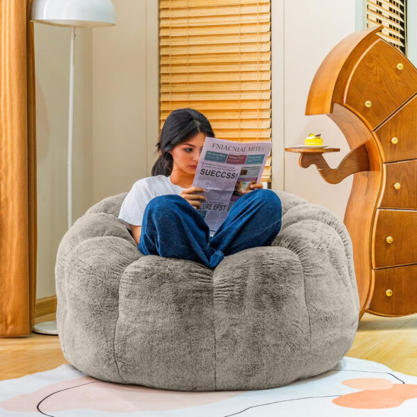 Bean Bag Chairs for Adults, Faux Fur Reading Chair with Petal Arm Rest Fluffy Comfy Chair for Bedroom, Living Room, Dorm, Game - White, Large, Low Support