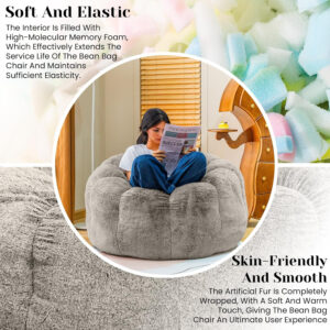 Bean Bag Chairs for Adults, Faux Fur Reading Chair with Petal Arm Rest Fluffy Comfy Chair for Bedroom, Living Room, Dorm, Game - White, Large, Low Support