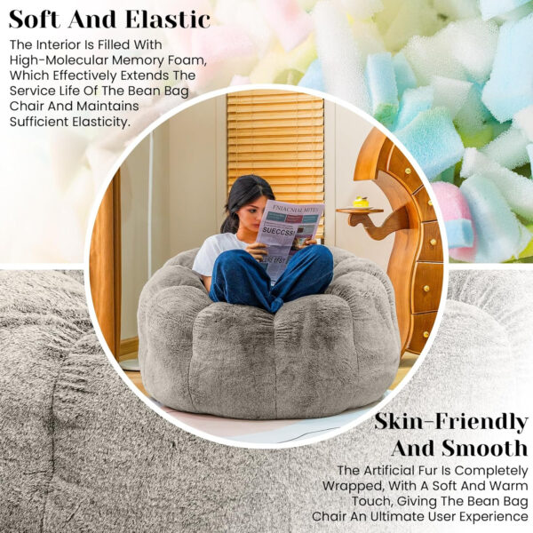 Bean Bag Chairs for Adults, Faux Fur Reading Chair with Petal Arm Rest Fluffy Comfy Chair for Bedroom, Living Room, Dorm, Game - White, Large, Low Support