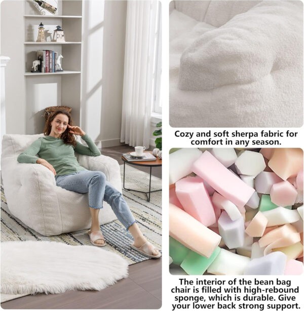 Recaceik Bean Bag Chairs, Tufted Soft Stuffed with Filler, Fluffy and Lazy Sofa, Imperial Lounger Giant Chair for Bedroom, Living Room, White