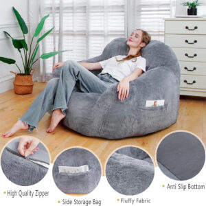 Giant Bean Bag Chair, Oversized Bean Bag Chairs for Adults and Kids, Gaming Chair Stuffed Memory Foam | Storage | Non-Slip, Removable Bean Bag Sofa Comfy Chair for Bedroom, Livingroom (Grey)