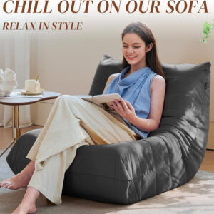 Bean Bag Chair for Adults - Suede & Microfiber Fireside Floor Chair, Comfortable Corner Lounge Sofa for Living Room, Bedroom, Office (Single, Dark Gray)
