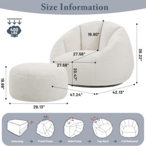 Giant Bean Bag Chair for Adults - Comfy Plush Round Shell Soft Accent Chair, Oversized Cozy Lounge Floor Sofa Reading Chair, Mini Couch for Living Room, Bedroom & Game Rooms, Beige