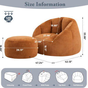 Giant Bean Bag Chair for Adults - Comfy Plush Round Shell Soft Accent Chair, Oversized Cozy Lounge Floor Sofa Reading Chair, Mini Couch for Living Room, Bedroom & Game Rooms, Beige