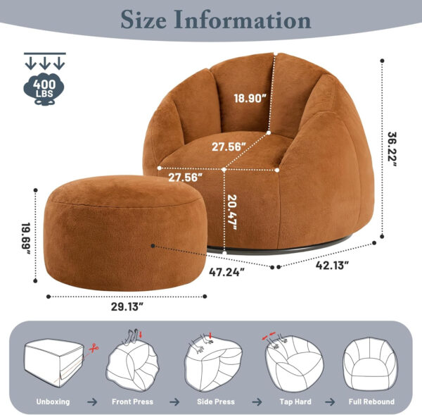 Giant Bean Bag Chair for Adults - Comfy Plush Round Shell Soft Accent Chair, Oversized Cozy Lounge Floor Sofa Reading Chair, Mini Couch for Living Room, Bedroom & Game Rooms, Beige