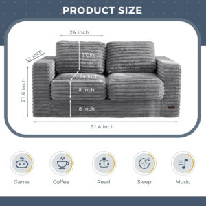 MAXYOYO Giant Bean Bag Chair for Adults, Upholstered Loveseat Floor Sofa with Pillows and Armrests, Large Bean Bag Sofa Plush Chair Bean Bag Couch for Bedroom Living Room, Grey