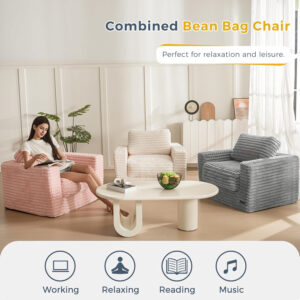 MAXYOYO Giant Bean Bag Chair for Adults, Upholstered Loveseat Floor Sofa with Pillows and Armrests, Large Bean Bag Sofa Plush Chair Bean Bag Couch for Bedroom Living Room, Grey