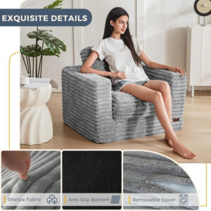 MAXYOYO Giant Bean Bag Chair for Adults, Upholstered Loveseat Floor Sofa with Pillows and Armrests, Large Bean Bag Sofa Plush Chair Bean Bag Couch for Bedroom Living Room, Grey