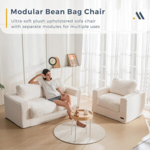 MAXYOYO Giant Bean Bag Chair for Adults, Upholstered Loveseat Floor Sofa with Pillows and Armrests, Large Bean Bag Sofa Plush Chair Bean Bag Couch for Bedroom Living Room, Grey