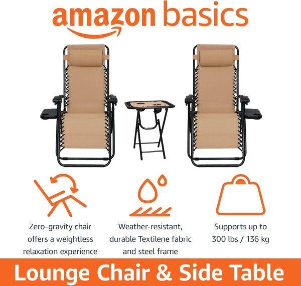 68880116a801358d599ab338d596a89f110abe1fa6f63c99b78a8.jpg Amazon Basics Outdoor Patio Mesh Adjustable Zero Gravity Lounge Chair Recliners set of 2 with Side Table, 35 x 26 x 43 inches, Beige