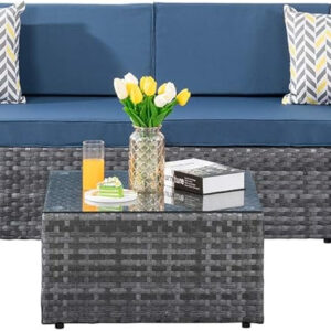 Shintenchi 5 Pieces Outdoor Patio Sectional Sofa Couch, Silver Gray PE Wicker Furniture Conversation Sets with Washable Cushions & Glass Coffee Table for Garden, Poolside, Backyard (Aegean Blue)