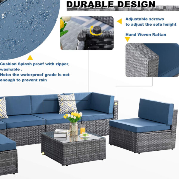 Shintenchi 5 Pieces Outdoor Patio Sectional Sofa Couch, Silver Gray PE Wicker Furniture Conversation Sets with Washable Cushions & Glass Coffee Table for Garden, Poolside, Backyard (Aegean Blue)