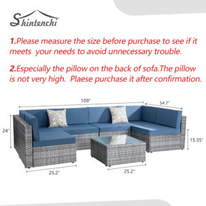 Shintenchi 5 Pieces Outdoor Patio Sectional Sofa Couch, Silver Gray PE Wicker Furniture Conversation Sets with Washable Cushions & Glass Coffee Table for Garden, Poolside, Backyard (Aegean Blue)