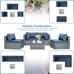 Shintenchi 5 Pieces Outdoor Patio Sectional Sofa Couch, Silver Gray PE Wicker Furniture Conversation Sets with Washable Cushions & Glass Coffee Table for Garden, Poolside, Backyard (Aegean Blue)