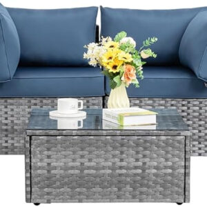 Shintenchi 5 Pieces Outdoor Patio Sectional Sofa Couch, Silver Gray PE Wicker Furniture Conversation Sets with Washable Cushions & Glass Coffee Table for Garden, Poolside, Backyard (Aegean Blue)