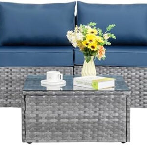 Shintenchi 5 Pieces Outdoor Patio Sectional Sofa Couch, Silver Gray PE Wicker Furniture Conversation Sets with Washable Cushions & Glass Coffee Table for Garden, Poolside, Backyard (Aegean Blue)