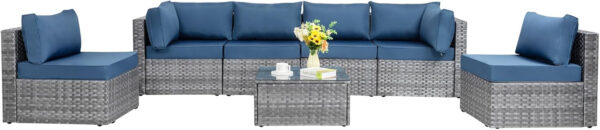 Shintenchi 5 Pieces Outdoor Patio Sectional Sofa Couch, Silver Gray PE Wicker Furniture Conversation Sets with Washable Cushions & Glass Coffee Table for Garden, Poolside, Backyard (Aegean Blue)