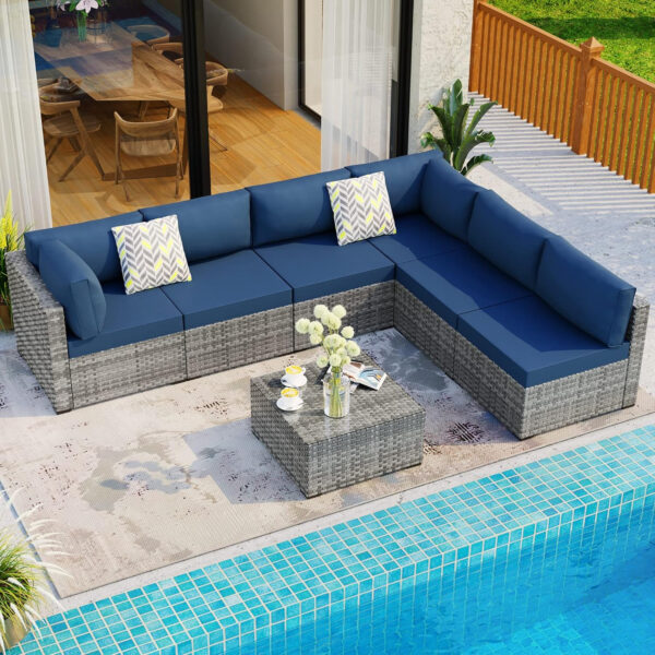 Shintenchi 5 Pieces Outdoor Patio Sectional Sofa Couch, Silver Gray PE Wicker Furniture Conversation Sets with Washable Cushions & Glass Coffee Table for Garden, Poolside, Backyard (Aegean Blue)