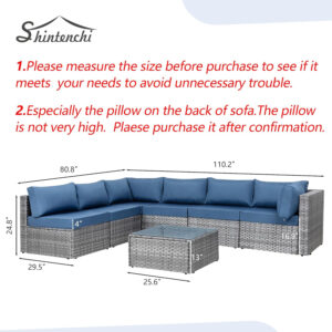 Shintenchi 5 Pieces Outdoor Patio Sectional Sofa Couch, Silver Gray PE Wicker Furniture Conversation Sets with Washable Cushions & Glass Coffee Table for Garden, Poolside, Backyard (Aegean Blue)
