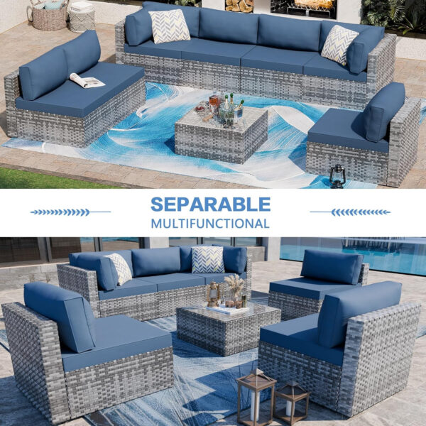 Shintenchi 5 Pieces Outdoor Patio Sectional Sofa Couch, Silver Gray PE Wicker Furniture Conversation Sets with Washable Cushions & Glass Coffee Table for Garden, Poolside, Backyard (Aegean Blue)