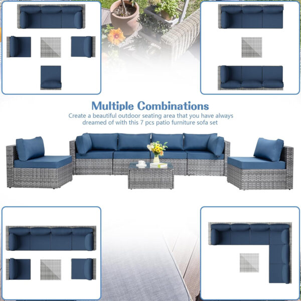 Shintenchi 5 Pieces Outdoor Patio Sectional Sofa Couch, Silver Gray PE Wicker Furniture Conversation Sets with Washable Cushions & Glass Coffee Table for Garden, Poolside, Backyard (Aegean Blue)