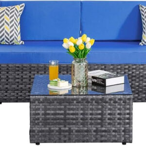 Shintenchi 5 Pieces Outdoor Patio Sectional Sofa Couch, Silver Gray PE Wicker Furniture Conversation Sets with Washable Cushions & Glass Coffee Table for Garden, Poolside, Backyard (Aegean Blue)