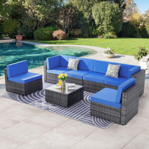 Shintenchi 5 Pieces Outdoor Patio Sectional Sofa Couch, Silver Gray PE Wicker Furniture Conversation Sets with Washable Cushions & Glass Coffee Table for Garden, Poolside, Backyard (Aegean Blue)