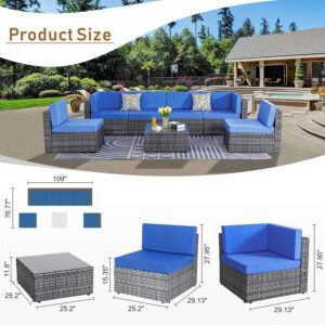 Shintenchi 5 Pieces Outdoor Patio Sectional Sofa Couch, Silver Gray PE Wicker Furniture Conversation Sets with Washable Cushions & Glass Coffee Table for Garden, Poolside, Backyard (Aegean Blue)